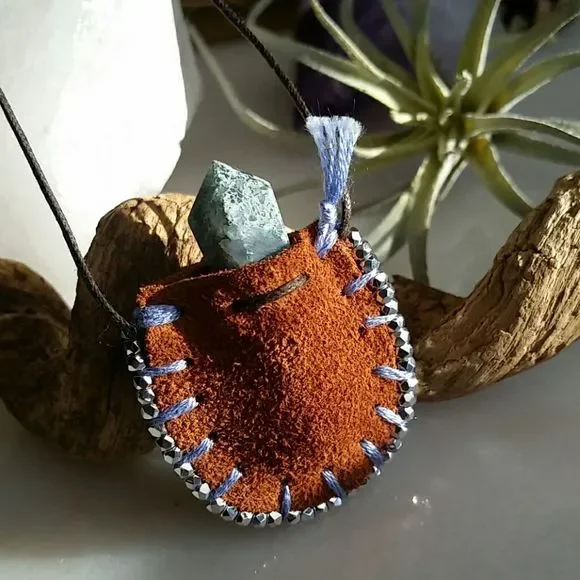 Leather Mini Mojo Bag Necklace by Rust Belt Raised Moss Agate Necklace - Picture 10 of 16